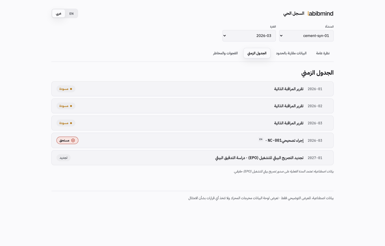 الجدول الزمني في السجل الحي