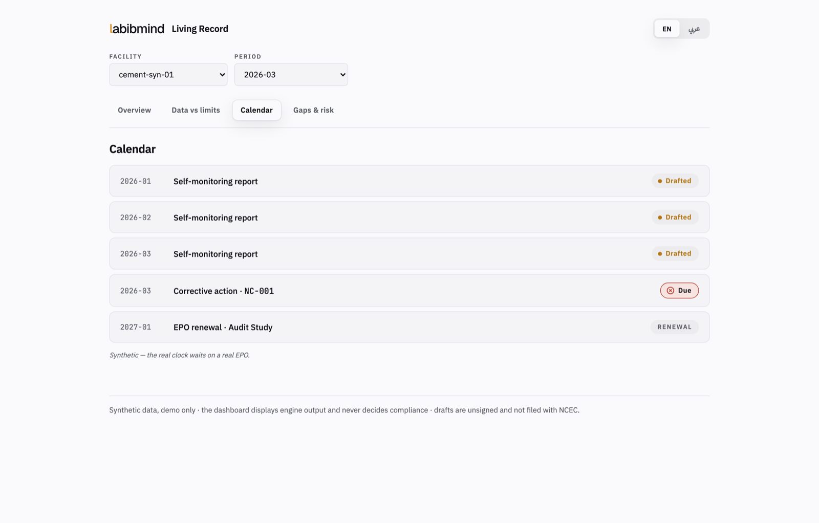 The schedule view in the Living Record